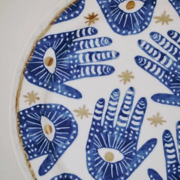 by ANTHROPOLOGIE I Insight Stoneware Plate Hamsa Blue Gold Hand Eye Pattern - Picture 4 of 12